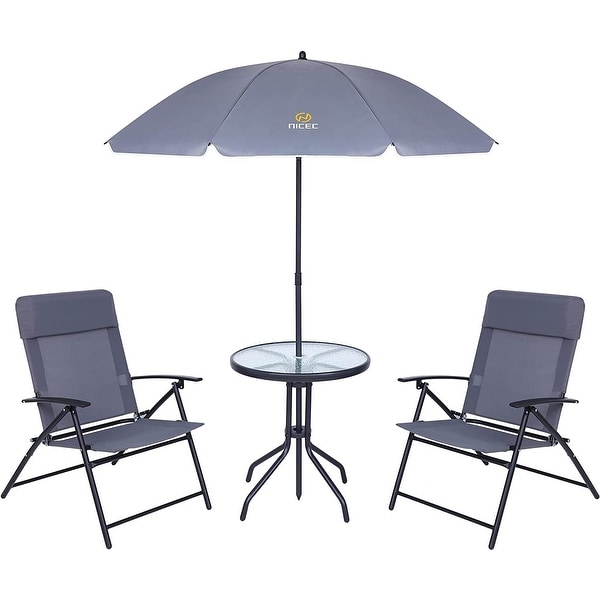 4Piece Bistro Set,Patio Dining Set,Garden Outdoor Table Set with Tilted Removable Umbrella,Glass Table,and 2 Folding Chairs