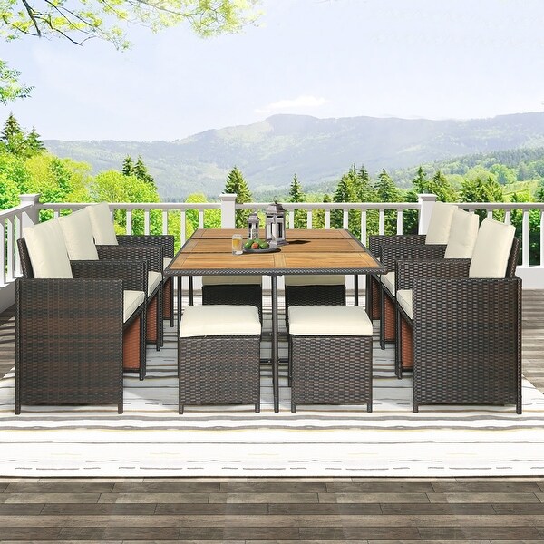 11Piece Patio AllWeather PE Wicker Dining Table Set with Wood Tabletop for 10,Brown Rattan+Beige Cushion