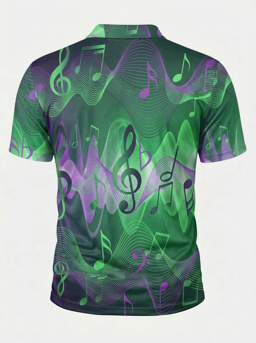 Moisture Wicking Golf Polo 3D Green Purple Music Note Wave Button Short Sleeve Golf Polo Shirt