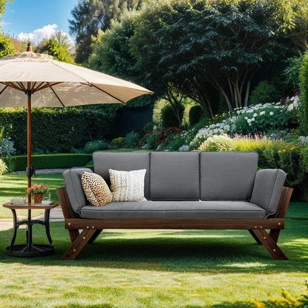 Modern Style Adjustable Patio Sofa Couch with Cushions,Outdoor Loveseat Chaise Lounge for Garden Courtyards,Brown+Grey