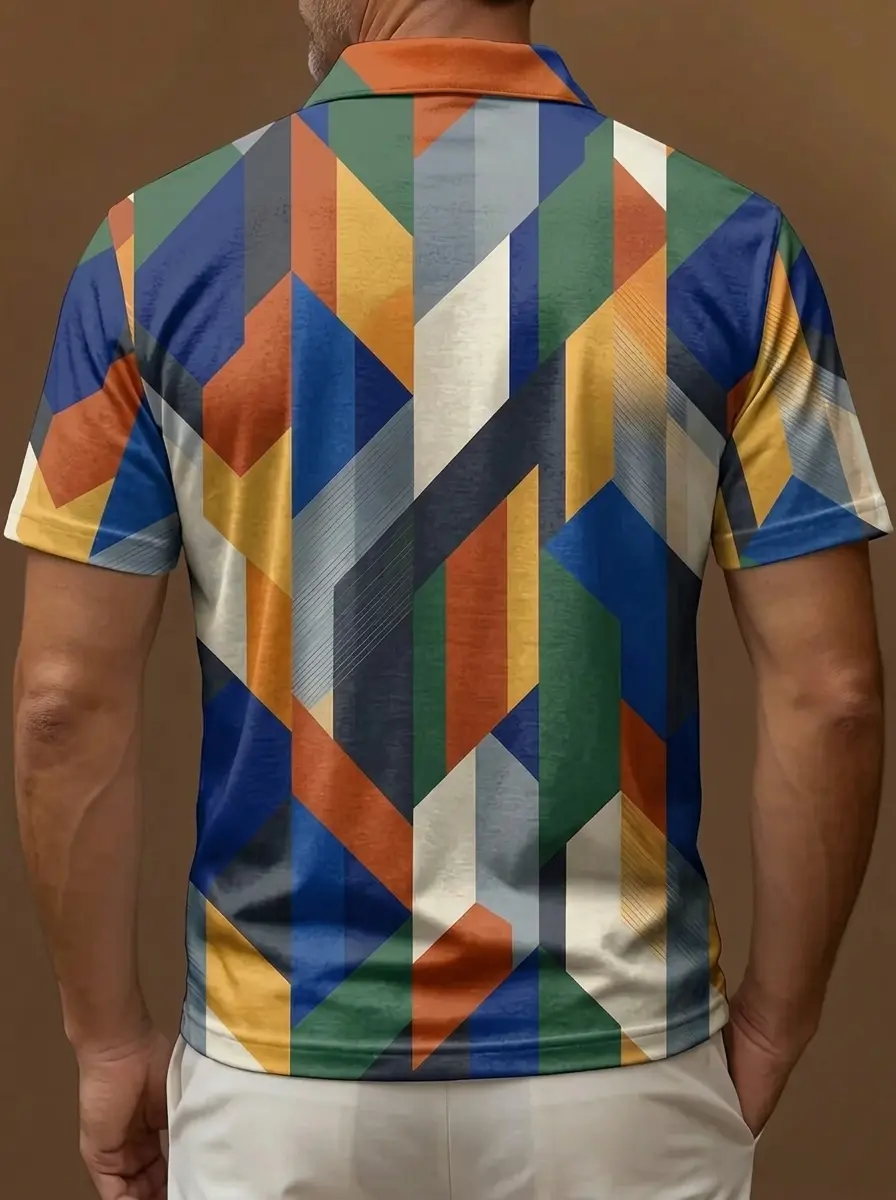Multicolor Geometric Abstract Print Short Sleeve Golf Polo Shirt