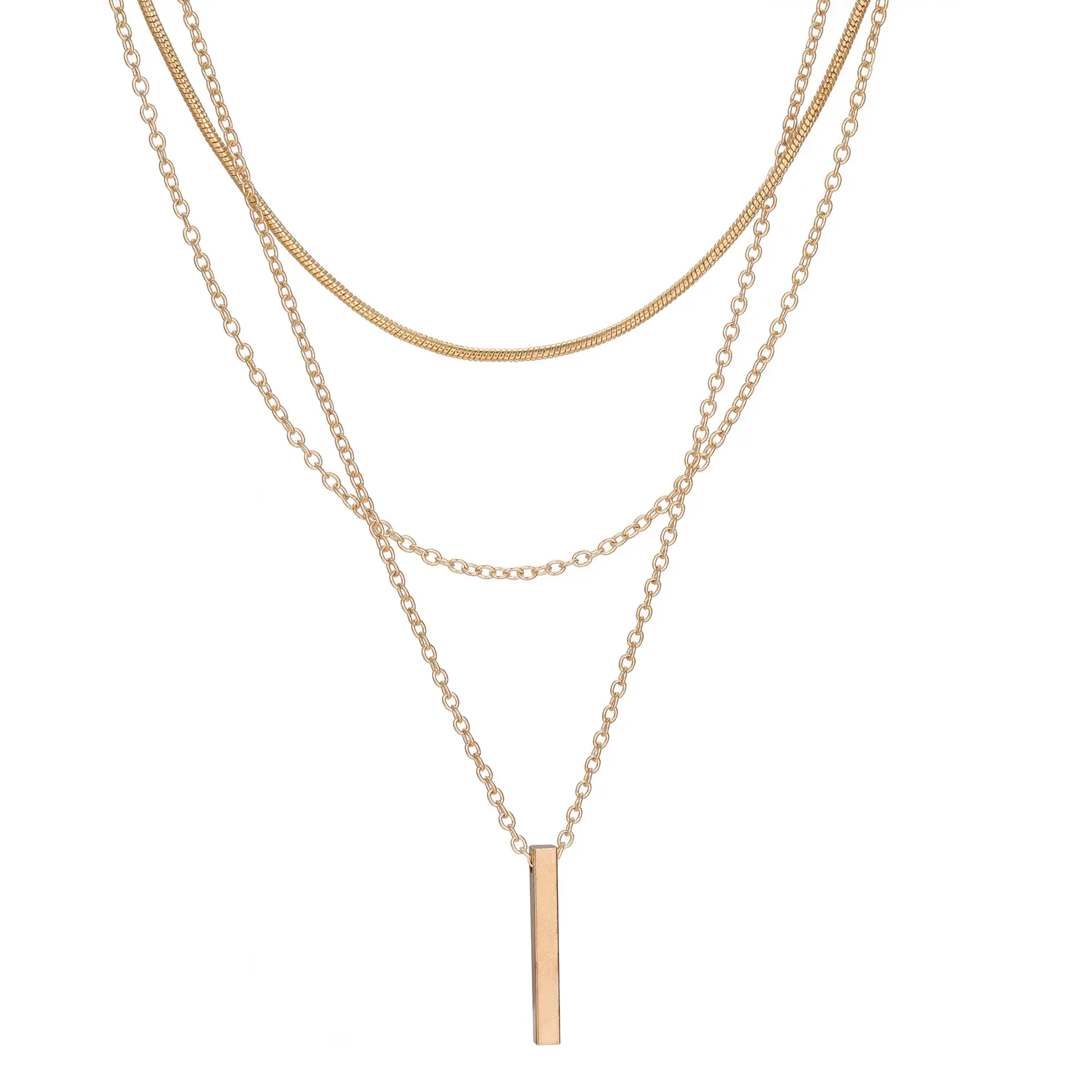 Gold Triple-Layer Long Bar Pendant Necklace for Women