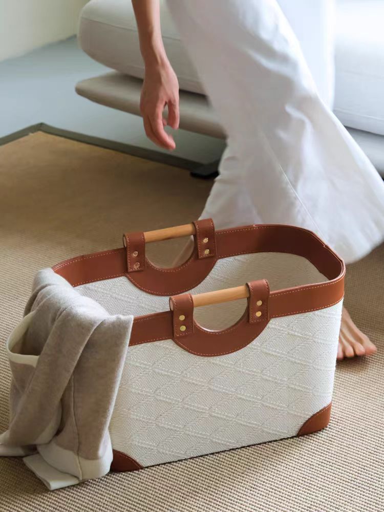 DC139 - Loro Piana antique white pearl embossed leather solid wood handle multi-purpose storage basket dirty clothes