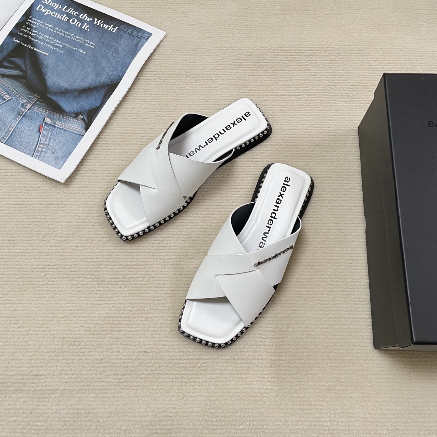 Alexander Wang steel bead cross flat slides - cnluxepick