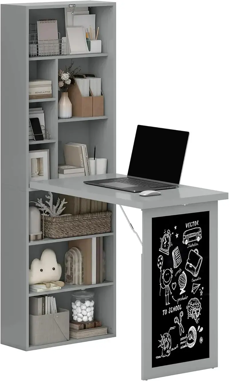 Wall-Mounted Folding Writing Desk – Space-Saving Convertible Workstation with Cabinet Storage
