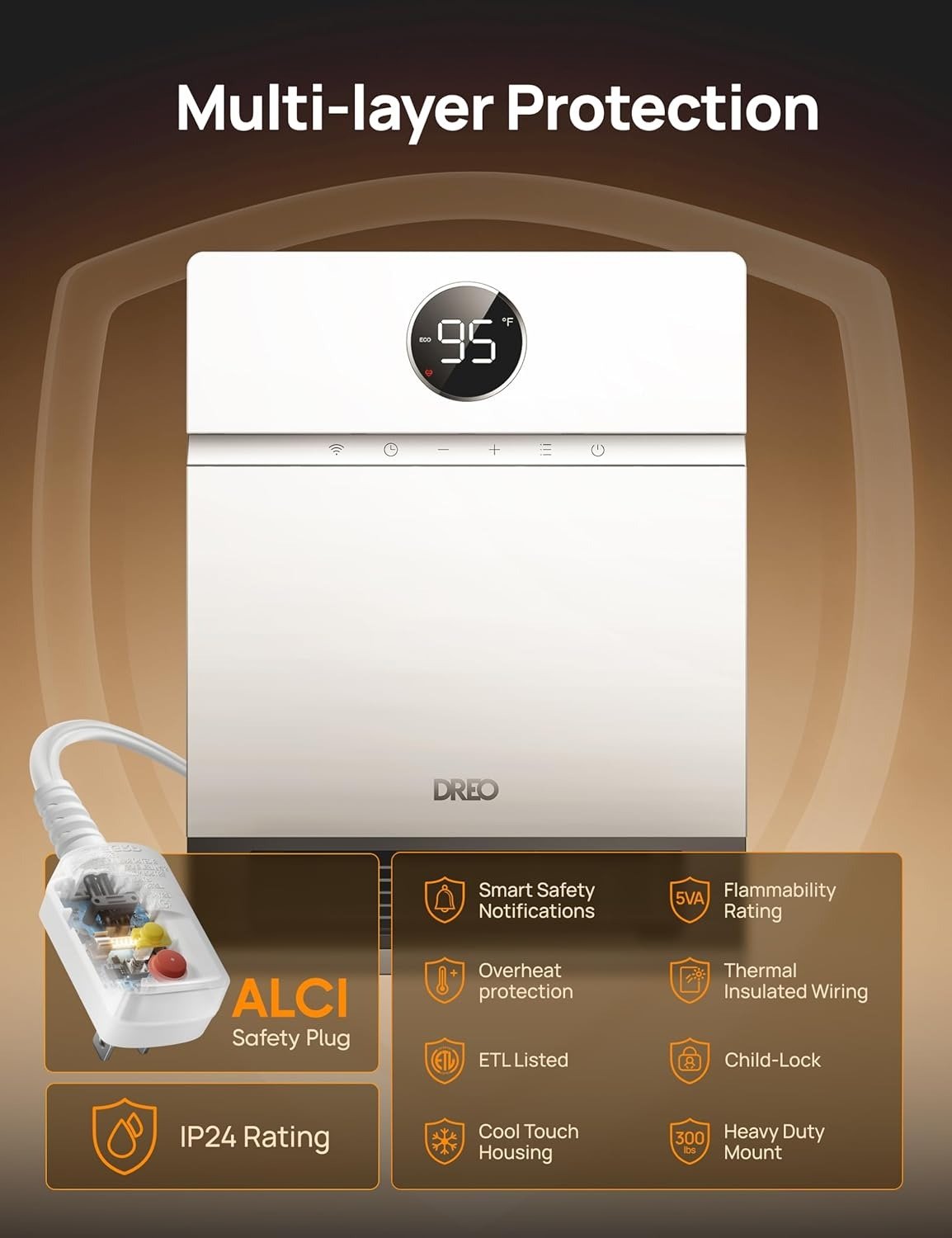 1500W Smart Wall Mounted Heater, IP24 Bathroom Safe Electric Heater with ALCI Plug & Remote