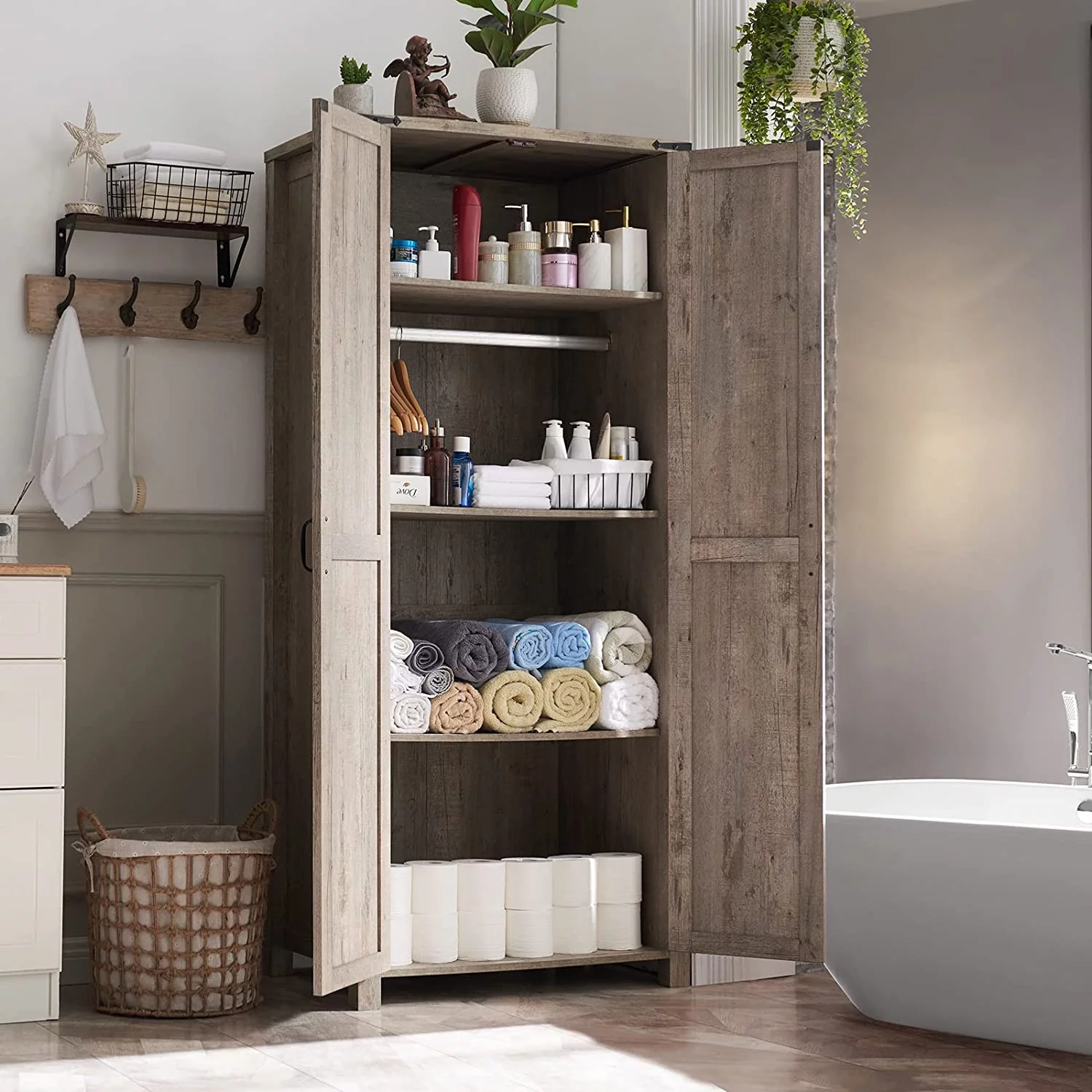 OKD Kitchen Pantry w/Barn Door Storage Cabinet w/Hanging Rod for Bathroom, Utility Room, Light Rustic Oak