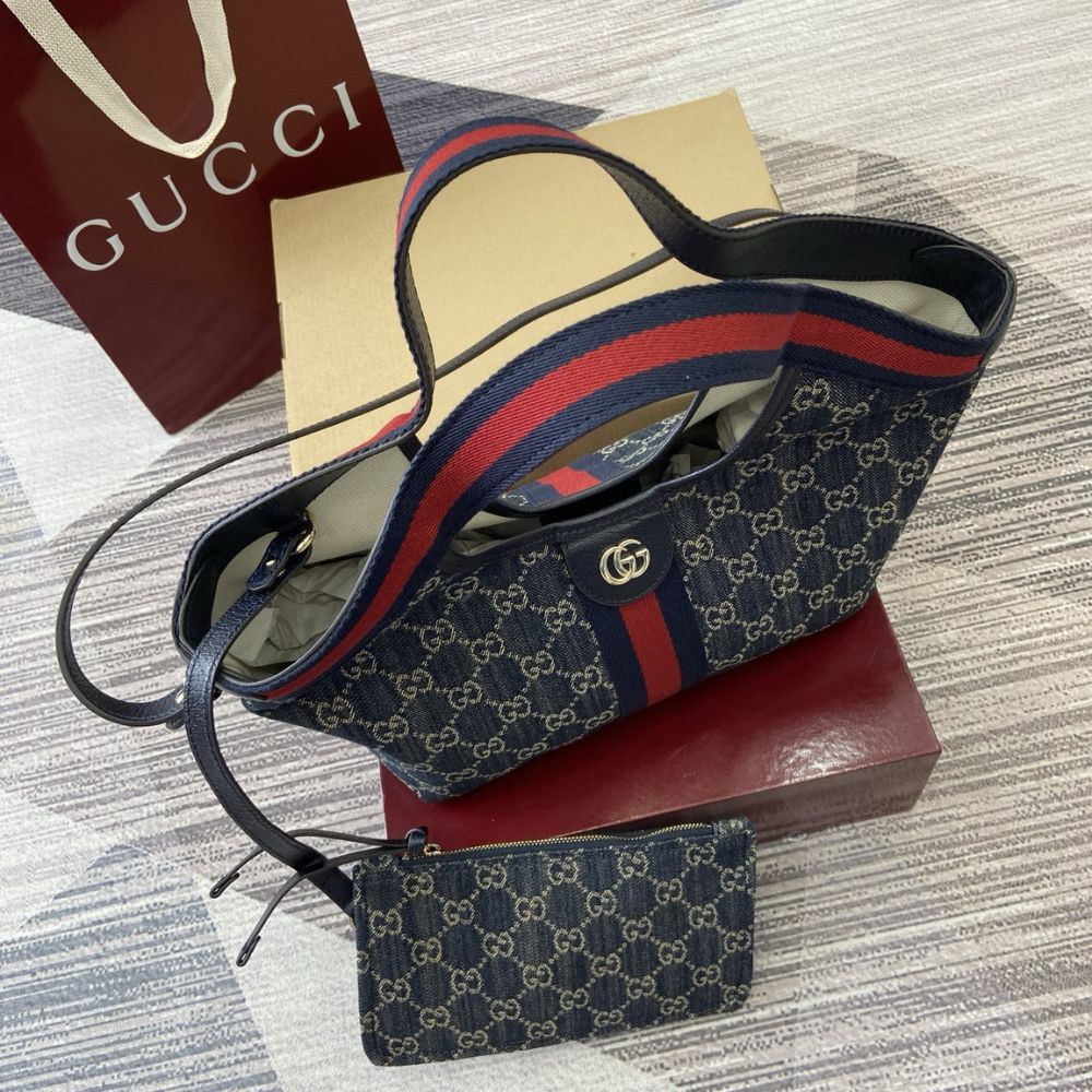 [Premium Quality] – Gucci Giglio Small Tote Bag Blue And White Gg Denim 9.8 Inches 860845 Fafrw 8864