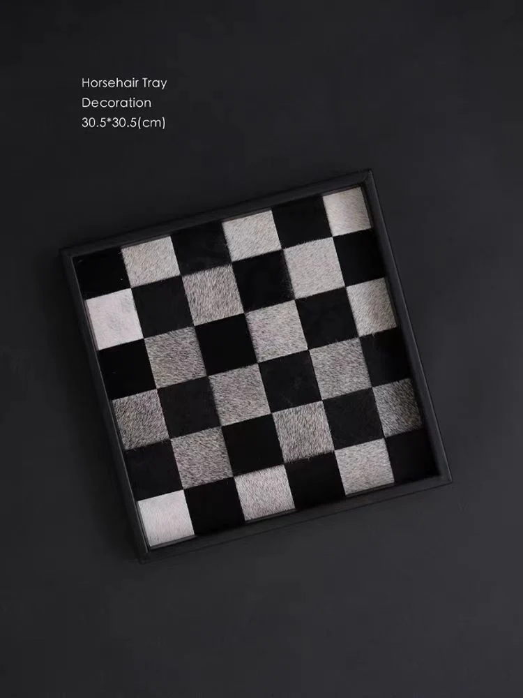 DC058 - Used CH@NE* black and white checkerboard horsehair tray foyer desktop storage jewelry tray