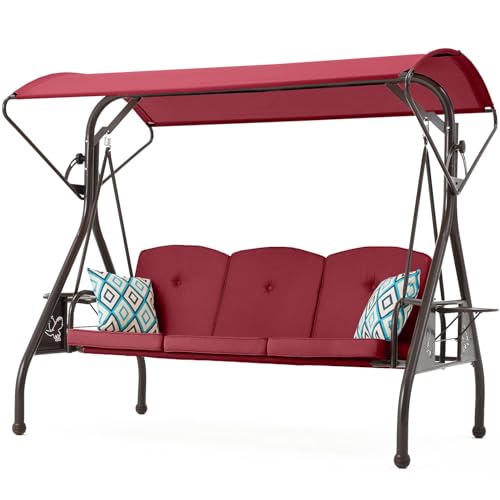 800LBS Patio Swing with Canopy 3 Seat Outdoor Porch Swing with Stand w/Cup Holder & Pillow Glider Chair Swing Bed for Patio Backyard Poolside (Green)