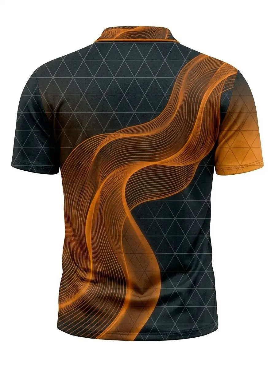 Moisture Wicking Golf Polo 3D Black Orange Wave Stripe Button Short Sleeve Golf Polo Shirt