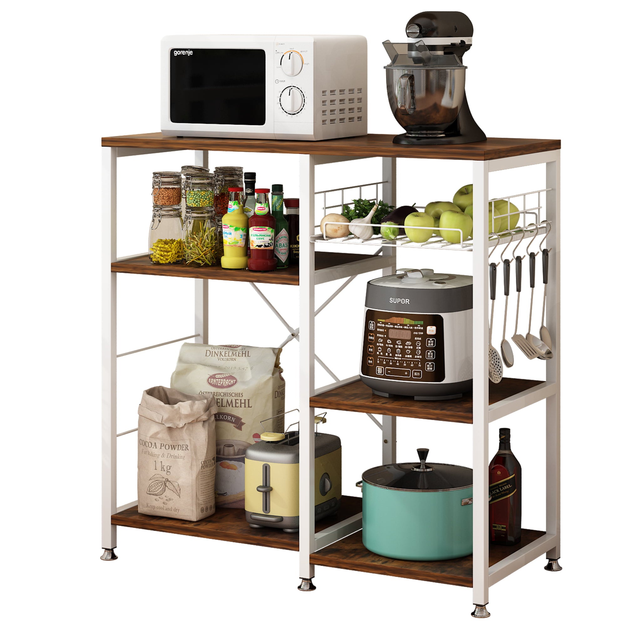 Zimtown Industrial Bakers Rack, Kitchen Microwave Oven Stand, Kitchen Island Storage Shelves Workstation with 2 Mesh Baskets and 6 Hooks,Rustic Brown