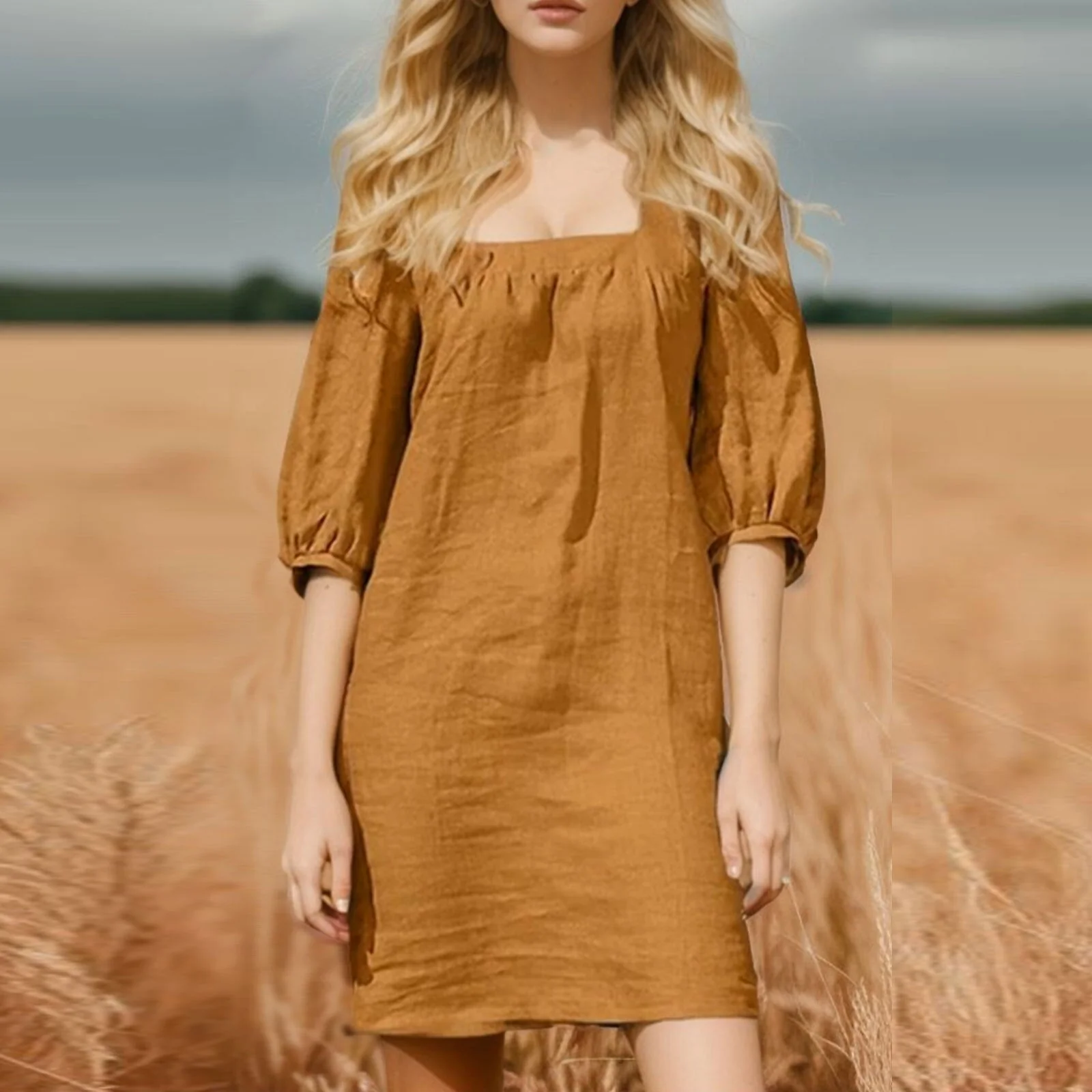 Boho Square Neck Puff Sleeve Midi DressClistos