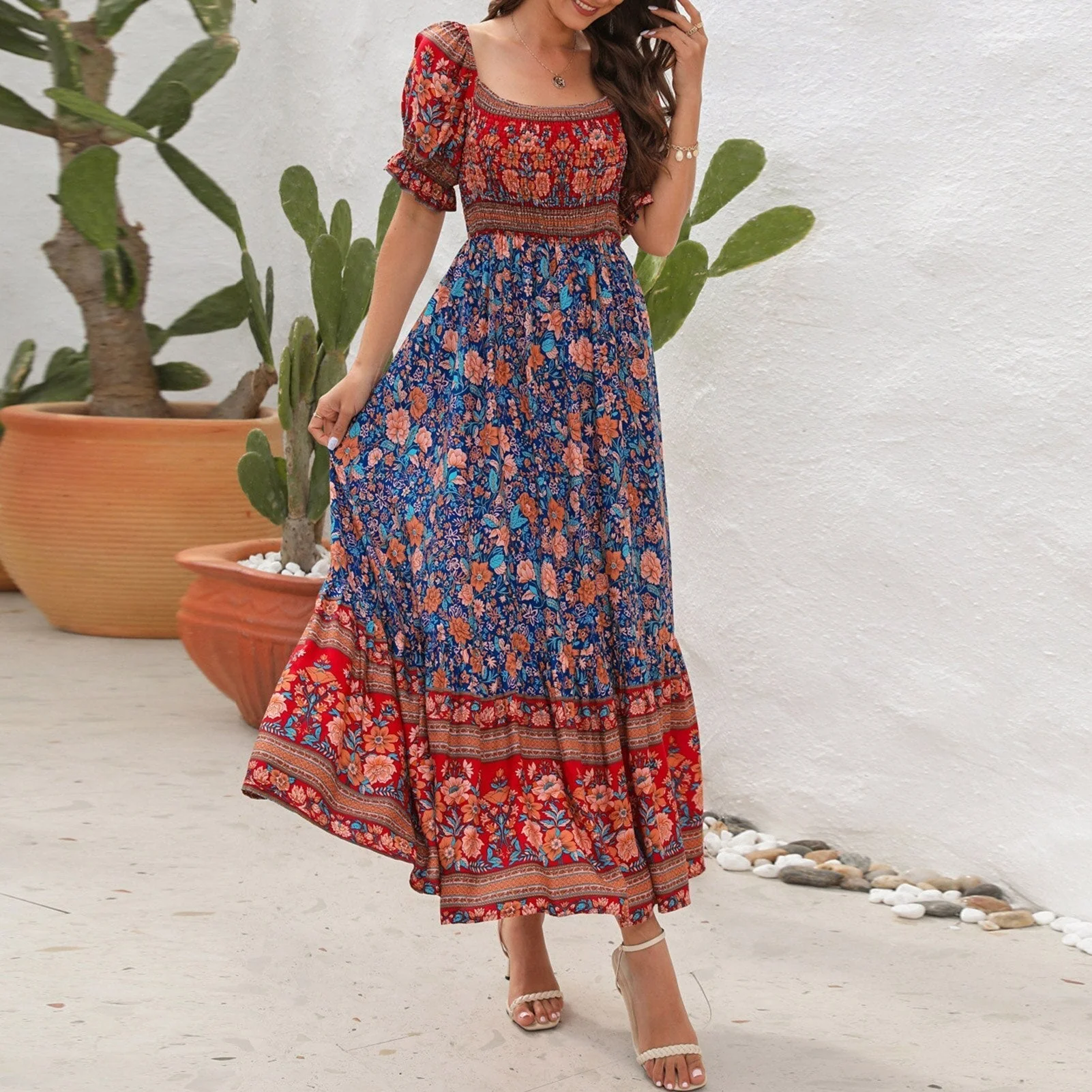 Smocked Floral Maxi Dress | Puff Sleeve Bohemian StyleClistos