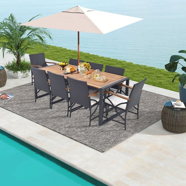 Costway 9 Pieces Patio Rattan Dining Set with Acacia Wood Table,1.9