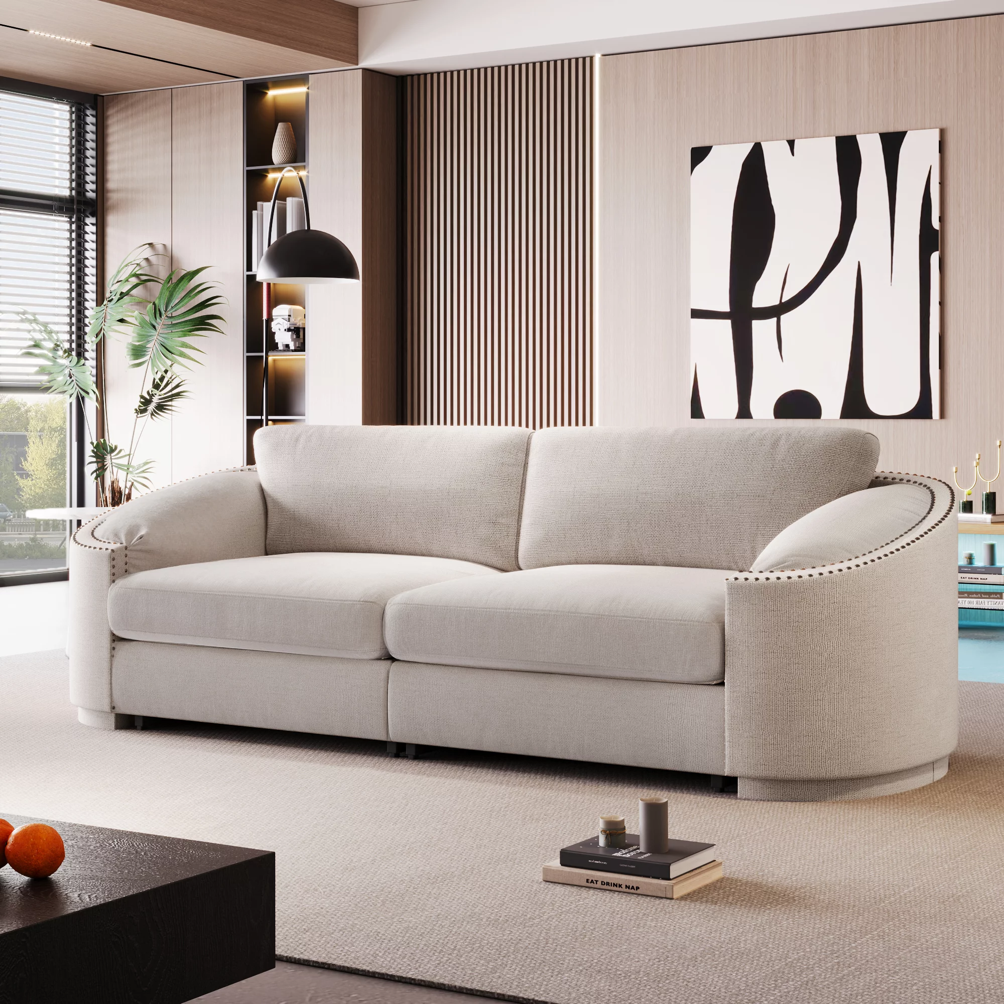 3-Seater Sofa Couch, KAMIDA Sofas and Couches, Upholstered Sofa Couch with Semilunar Arm and Rivet Detailing, Heavy Duty Couch Furniture for Home Apartment Living Room, 92