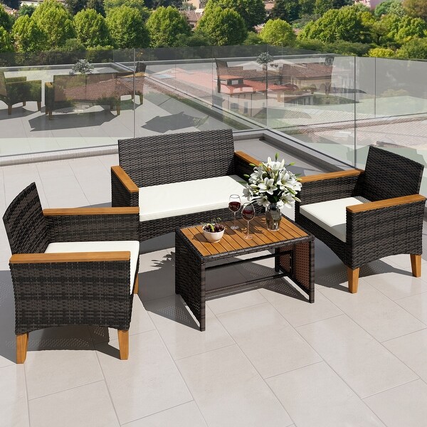 Moasis 4 PCS Patio Bistro Set Loveseat Wood Table