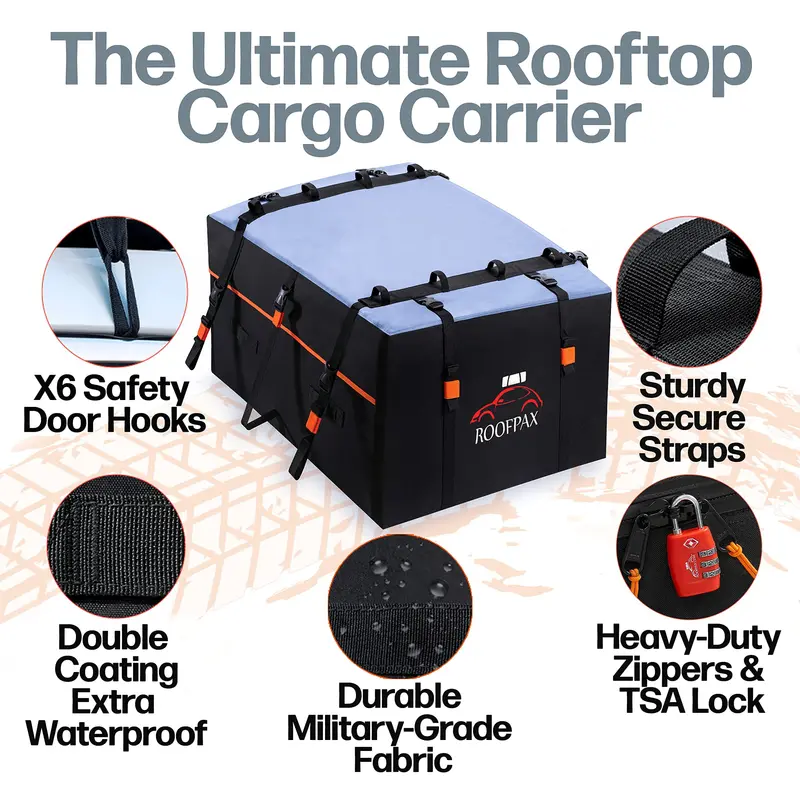RoofPax 19 cft. Extra Waterproof Car Rooftop Cargo Carrier Bag, Heavy Duty, 6 Safety Hooks Included