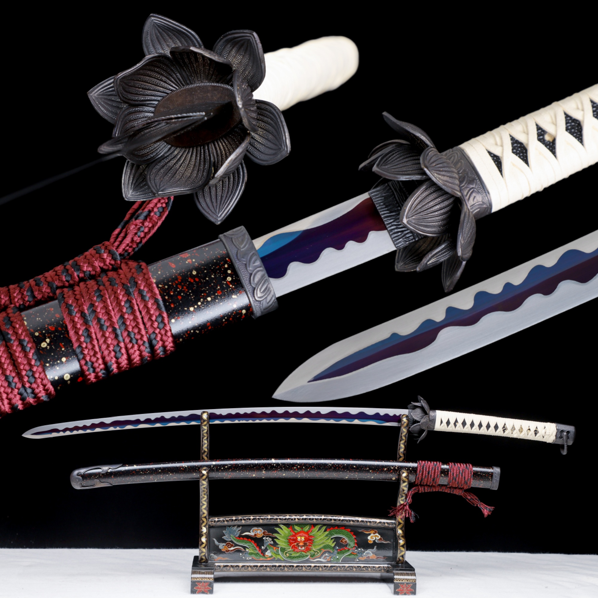 Handmade Katana 9260 Spring Steel Purple Blade Flower Tsuba Full Tang