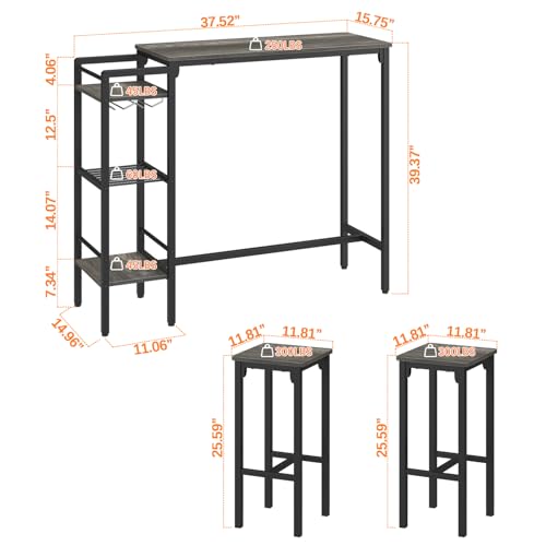 Weehom Bar Table and Chairs Set for Small Kitchens and Apartments - Space-Saving Dining Table Set for 2, 3 Storage Shelves with Bulit-in Wine Rack, Dining Room Breakfast Nook Table Set, Gray