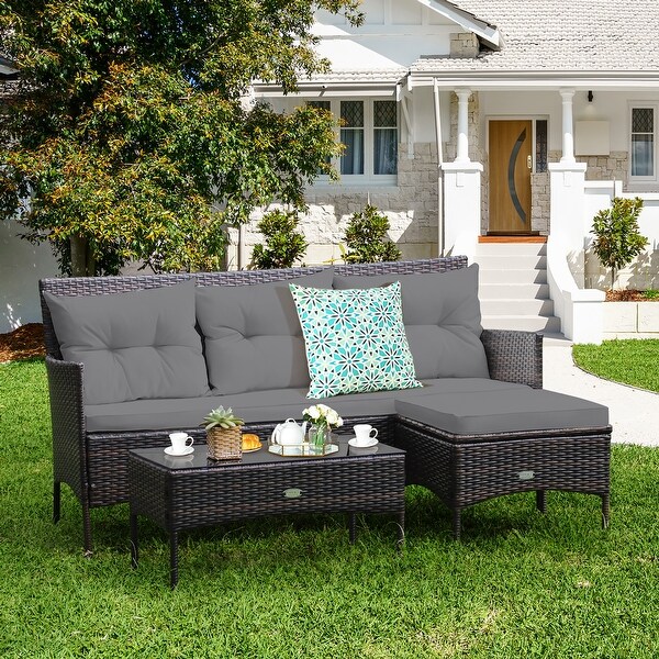 Costway 3PCS Patio Rattan Furniture Set 3Seat Sofa Cushioned Table