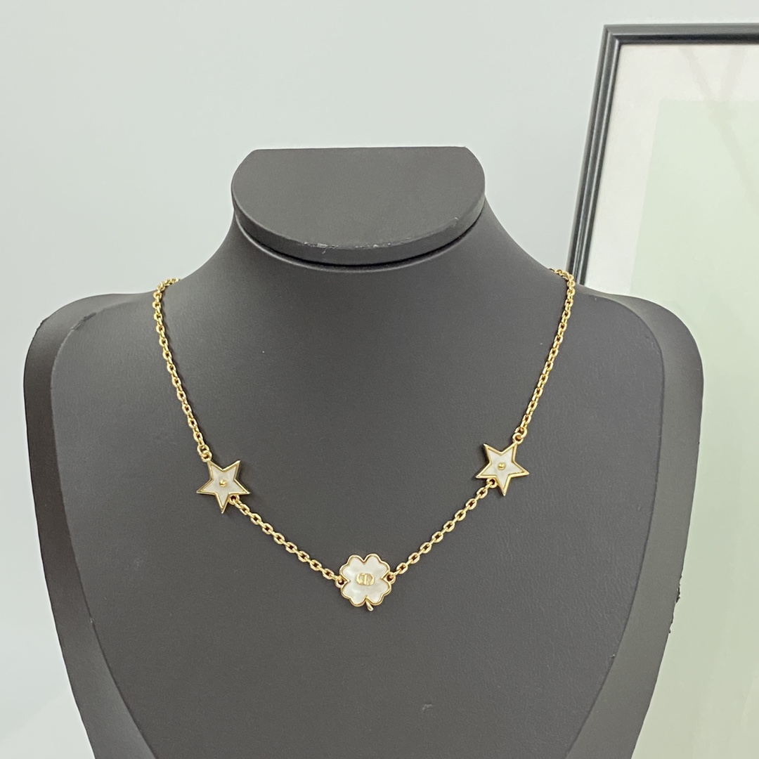 Dior White Mother-of-Pearl Four-Leaf Clover Star Necklace - cnluxepick