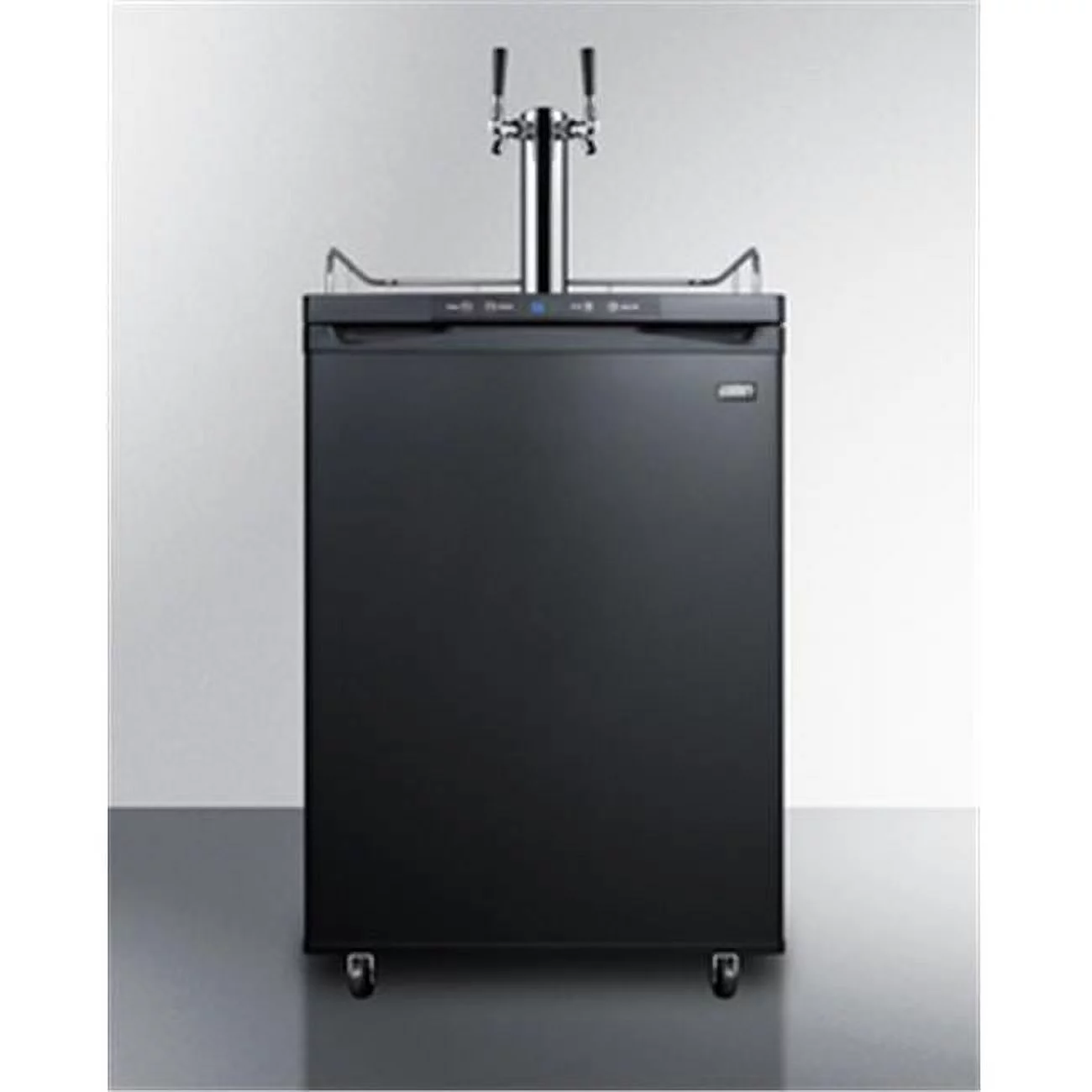 Freestanding commercially listed dual tap beer dispenser, auto defrost with digital thermostat and black exterior finish