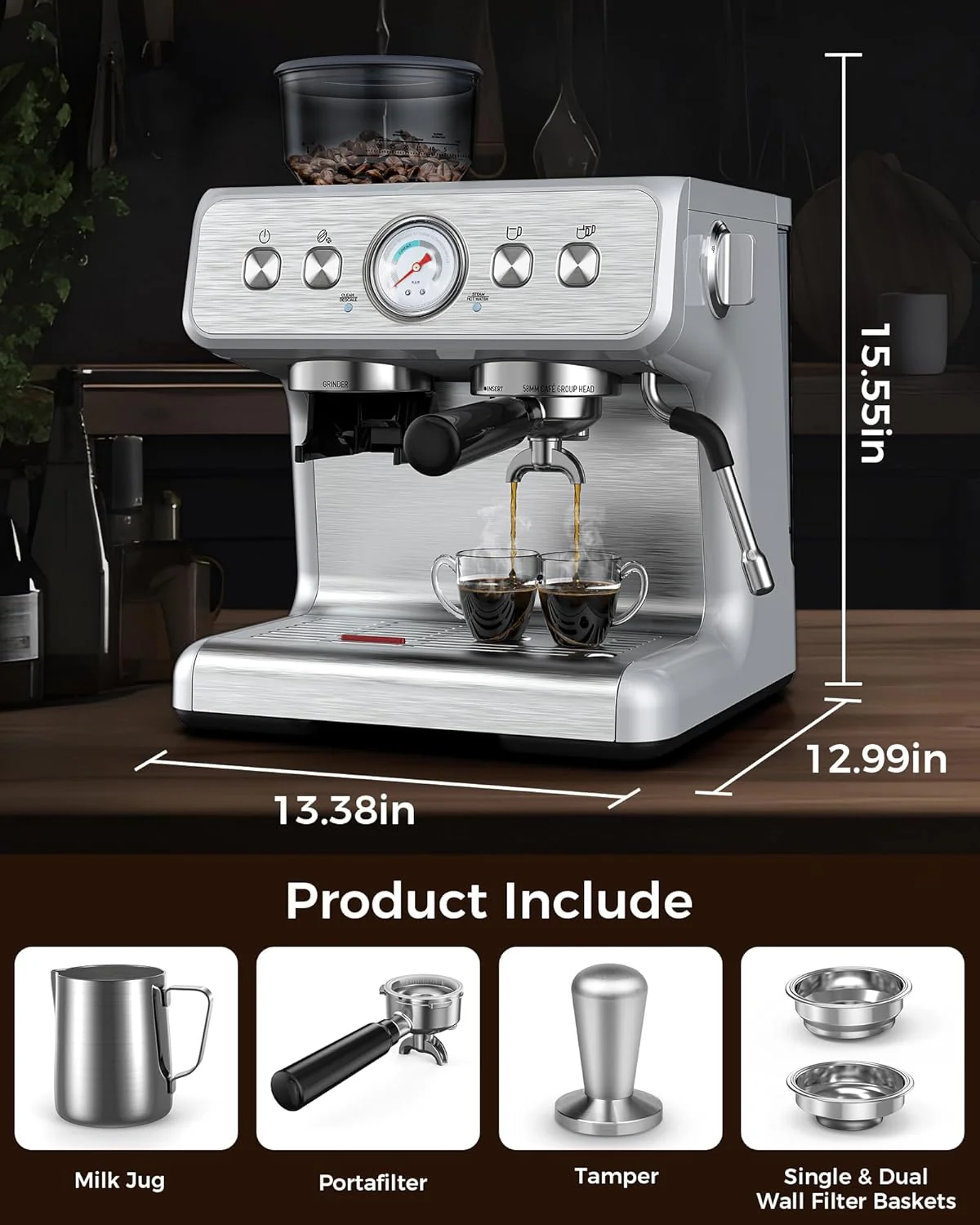 Espresso Machine 15 Bar, Semi-Automatic Coffee Maker with Bean Grinder and Milk Frother Steam Wand CM8050