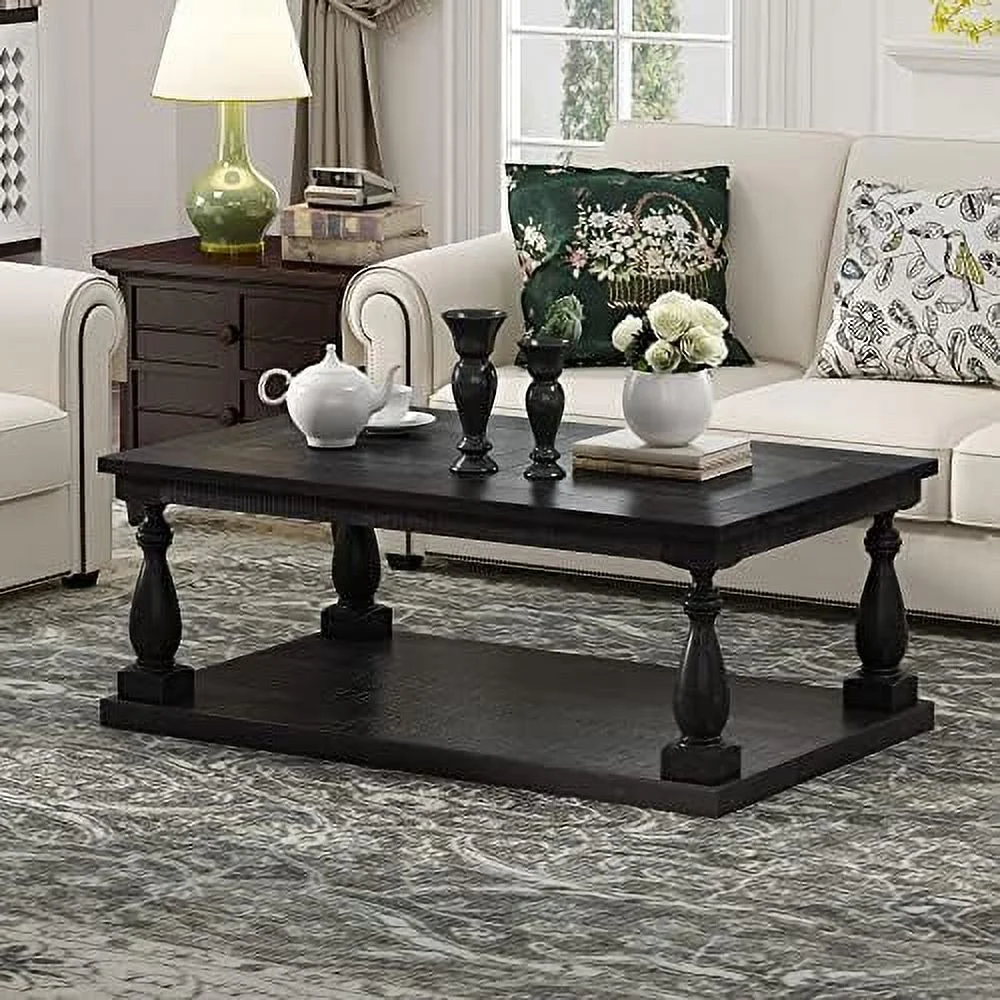 Farmhouse Coffee Table Cocktail Table with Floor  Shelf  Retro Solid Pine Wood Table for Living Room Office  Black