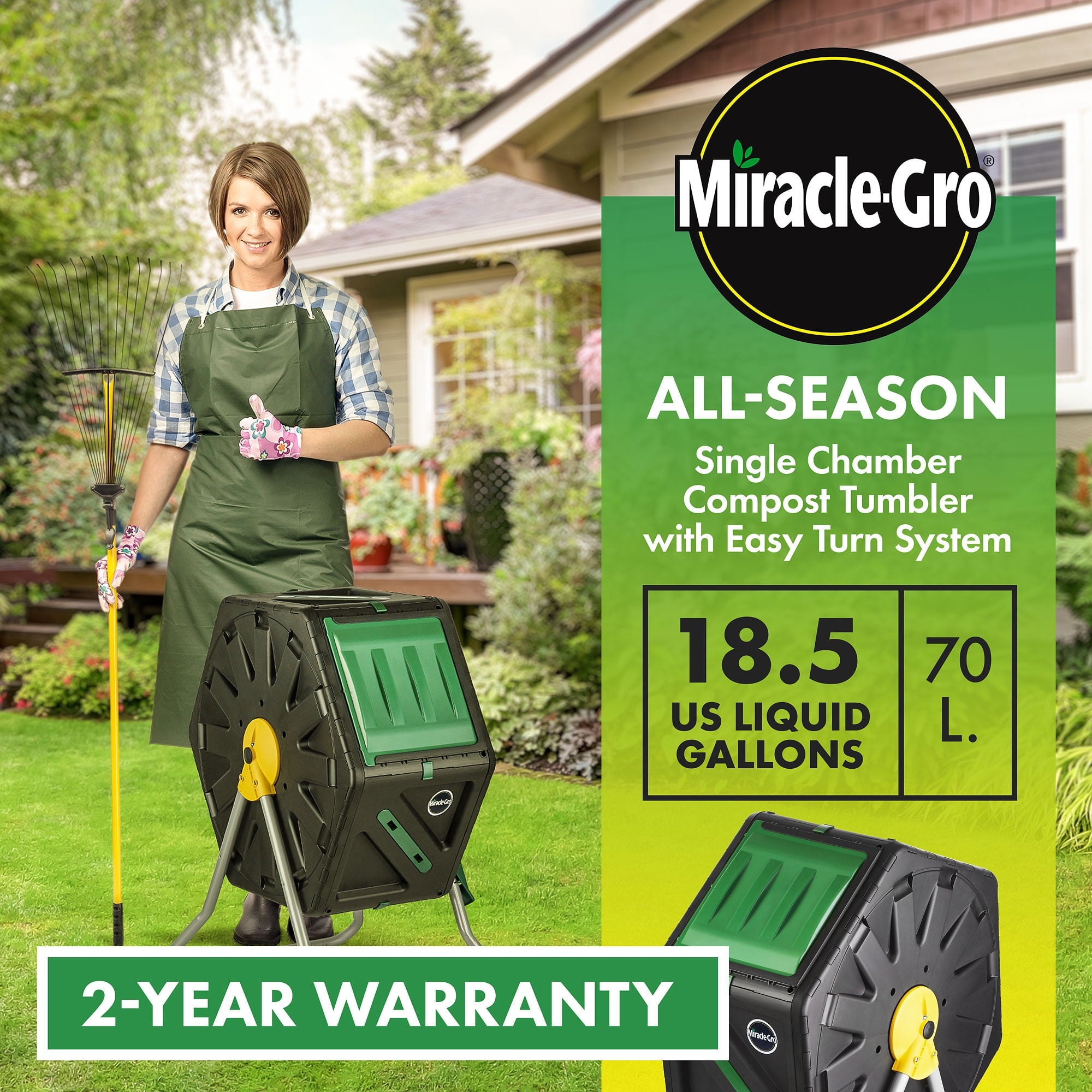 Miracle-Gro Single Chamber Outdoor Garden Compost Bin – 18.5gal (70L) Capacity – Heavy Duty, Easy to Assemble Tumbling Composter – Gardening Gloves Included