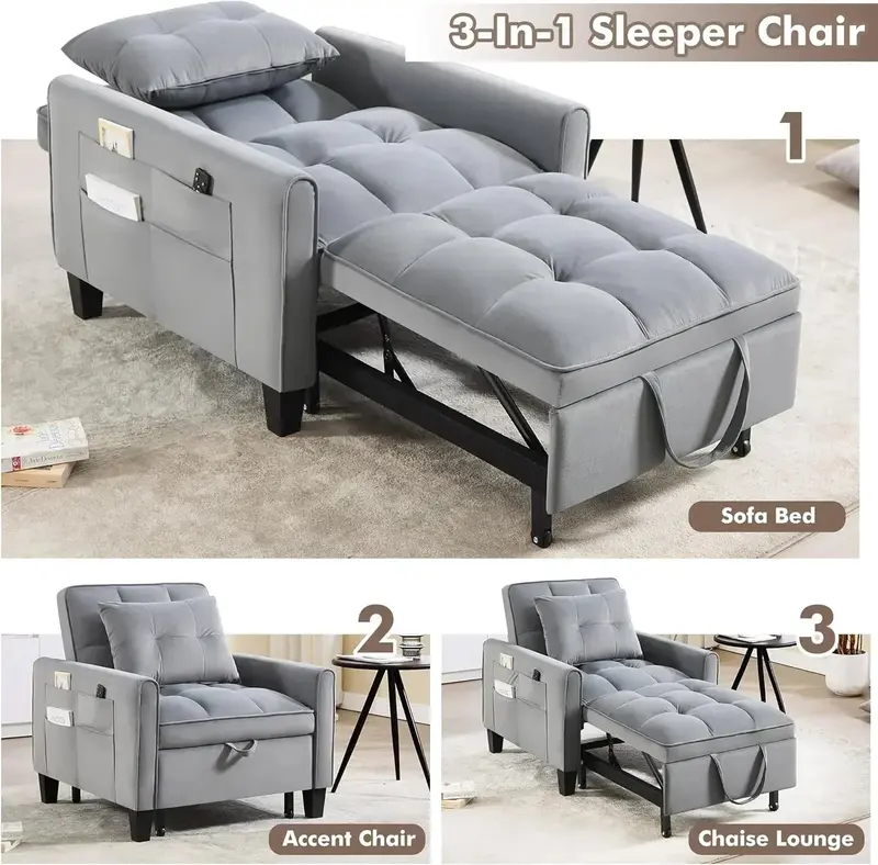 Velvet 3-in-1 Sleeper Chair – Compact Convertible Sofa Bed with Pull-Out Frame
