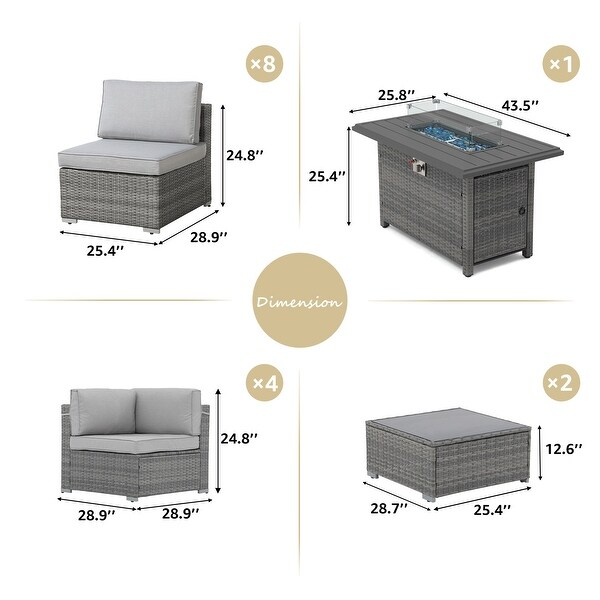 15 Piece Wicker Set Patio Sofa Furniture with Fire Pit And Table
