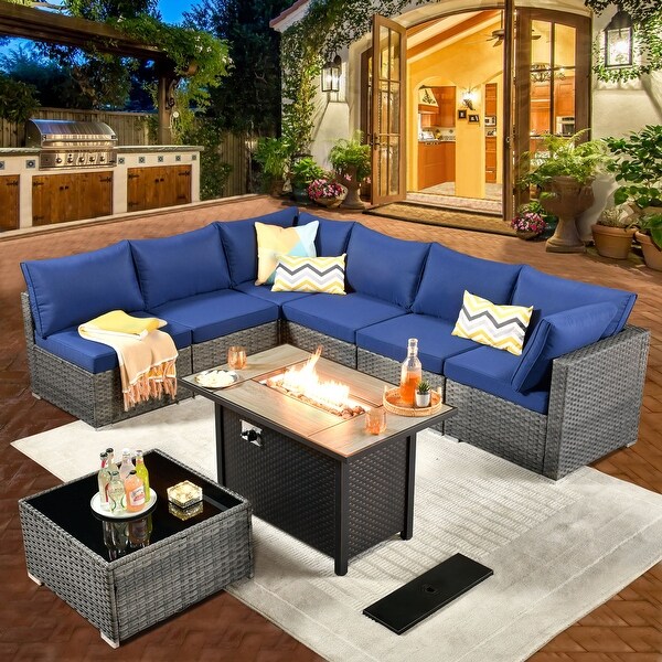 HOOOWOOO 8piece Patio Furniture Set Wicker Sectional Sofa with Fire Pit Table