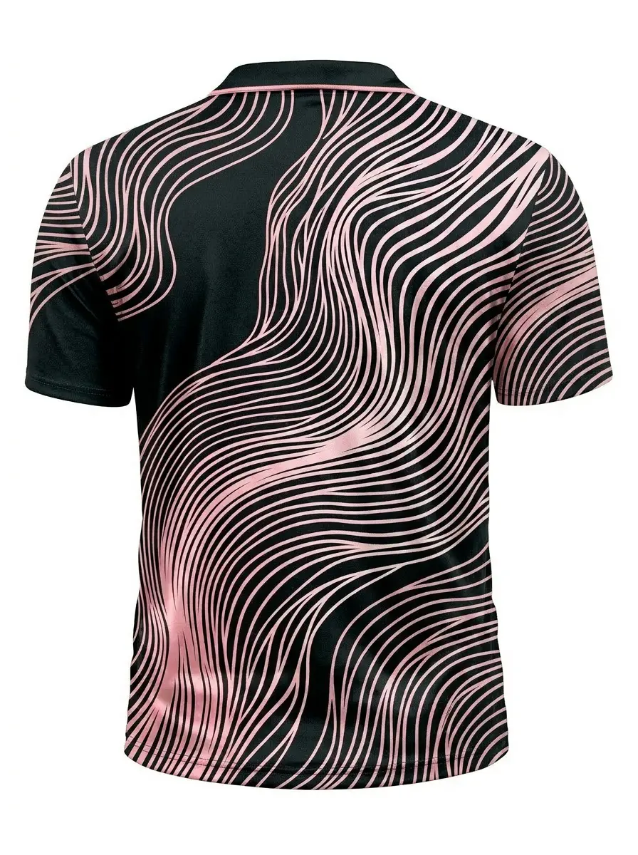 Moisture Wicking Golf Polo 3D Black Pink Wave Stripe Button Short Sleeve Golf Polo Shirt