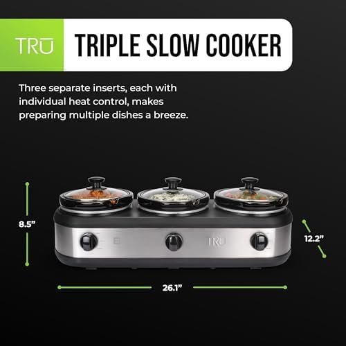 Triple Buffet Server – Three 2.5 Quart Removable Crock Inserts – Slow Cooker & Food Warmer with Individual Heat Control – Includes Lid Rests & Serving Spoons