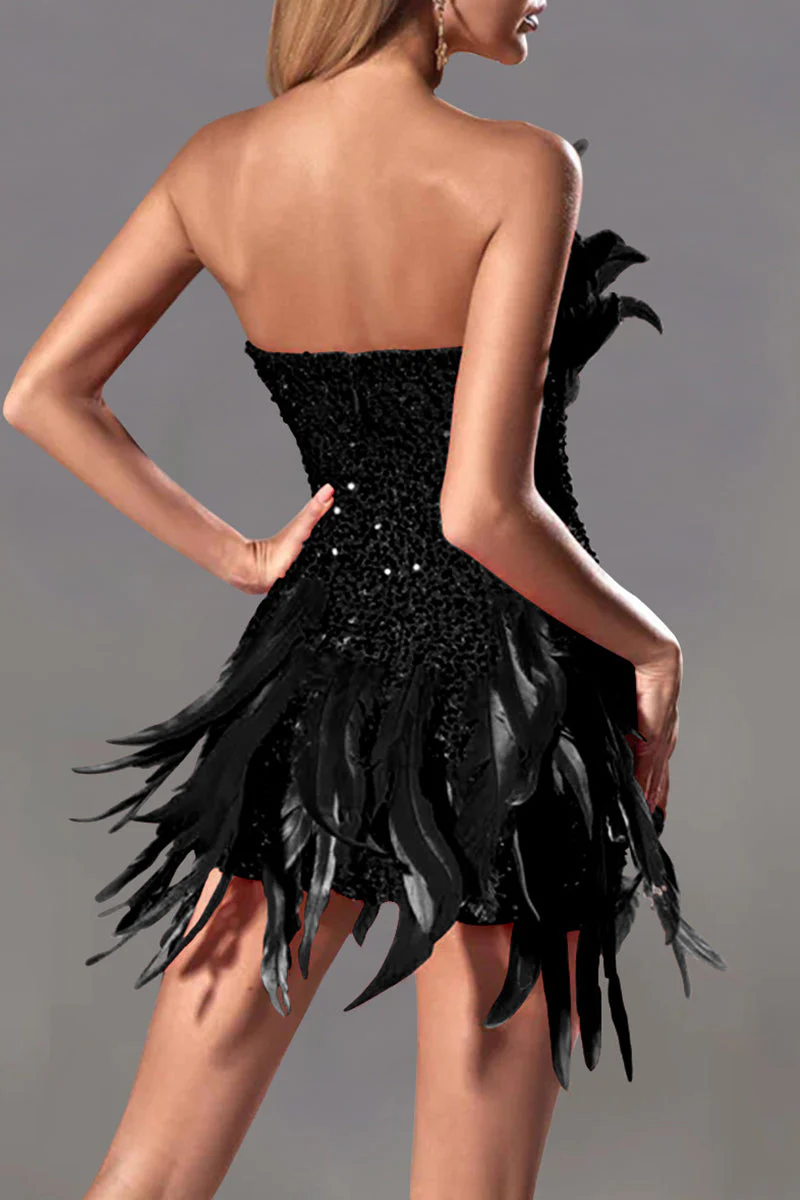 Strapless Sequin Feather Mini DressClistos