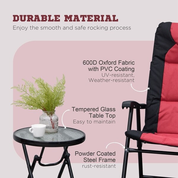 3 Piece Patio Furniture Set with 1 Glass Coffee Table and 2 Folding Padded Rocking Chairs