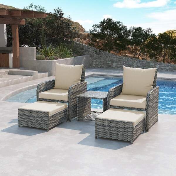 5Piece PE Rattan Outdoor Patio Set with 2 Chairs,2 Ottomans,Coffee Table