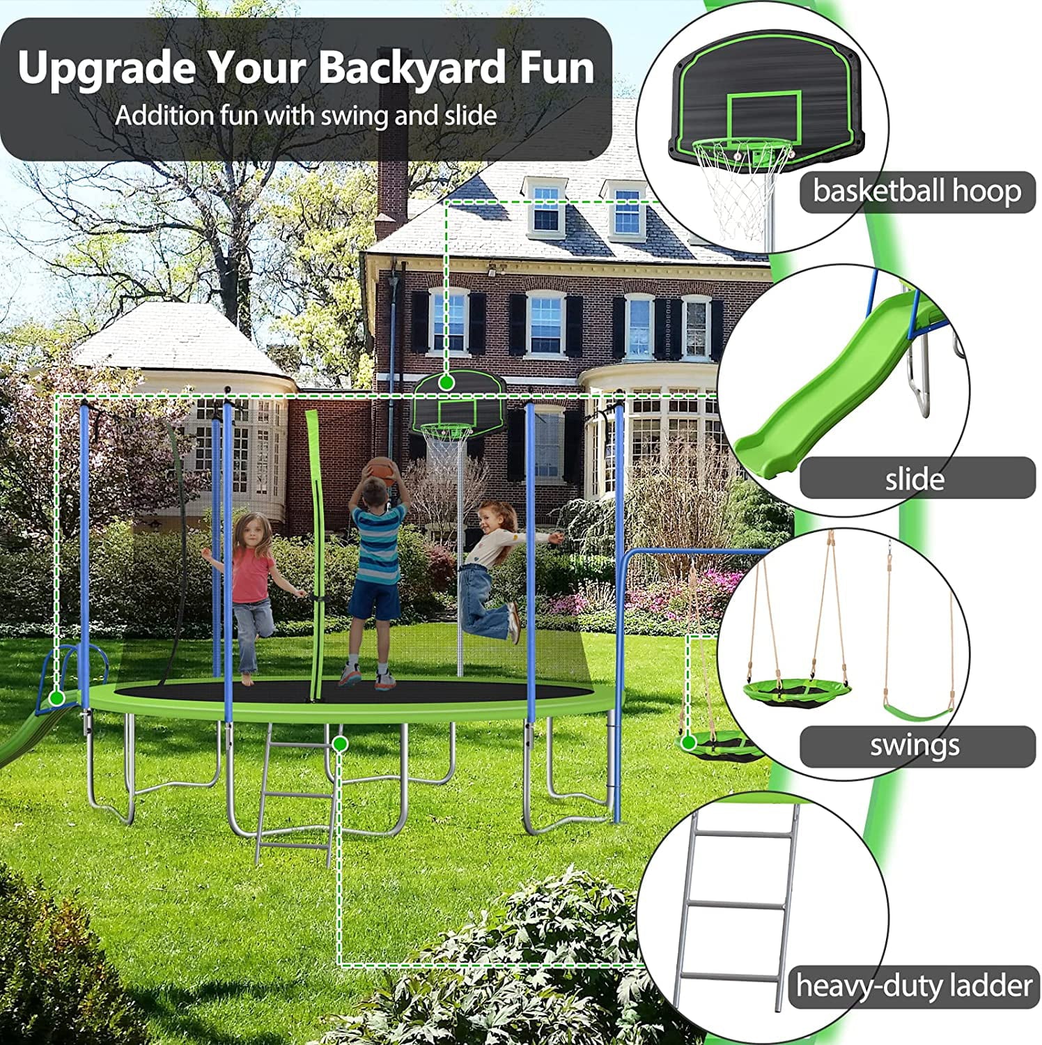 LISUEYNE 12ft Trampoline with Slide and Swing,Recreational Trampoline with Basketball Hoop and Ladder,Outdoor Fitness Trampoline for Kids Adults,1000 LBS Weight Capacity