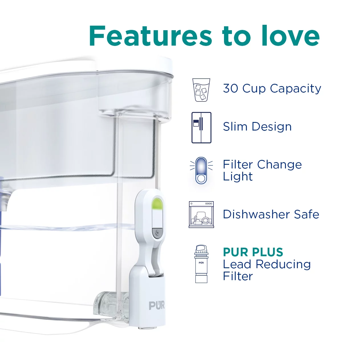 PUR PLUS 30-Cup Water Filter Dispenser with 1 Lead-Reducing PUR PLUS Filter, Dishwasher Safe, Powerful Filtration, Large Capacity with Slim, Space-Saving Design, White (DS1811Z)