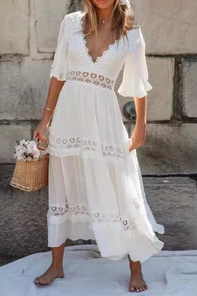 Hollow Out Backless V-Neck A-Line Maxi DressClistos