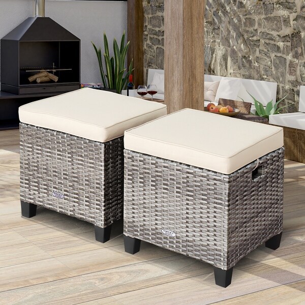 2 PCS Patio Rattan Ottomans Outdoor Wicker Foot Stool with Cushions