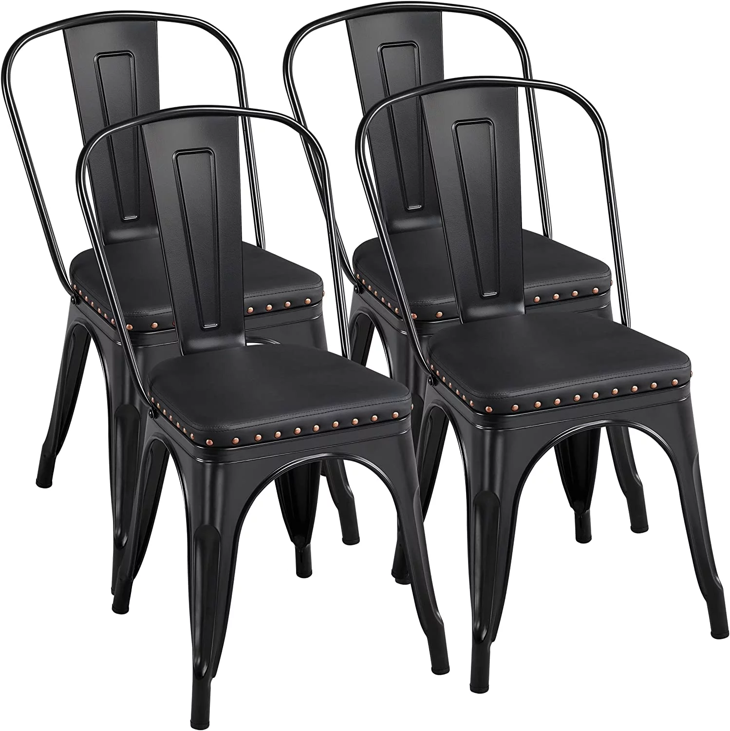 4pcs Metal Dining Chairs with PU Leather Seat High Back Soft Cushioned Industrial Classic Iron Chairs Chic Dining Bistro Cafe Coffee Chair 18 Inch Black