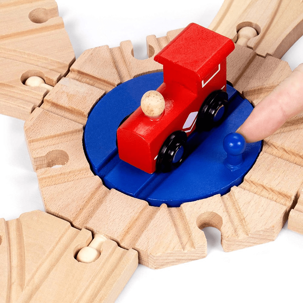 Switch Track Wooden Train Set (18 pcs.) - 8 Way Turntable Rail Station Accessory, Curved Switch Tracks, Basic and Advanced Pieces - Expansion Compatible with All Major Classic Toy Train Hobby Brands