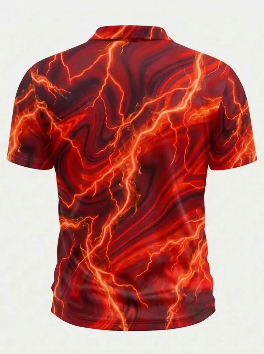 Moisture Wicking Golf Polo 3D Red Marble Lightning Print Button Short Sleeve Golf Polo Shirt