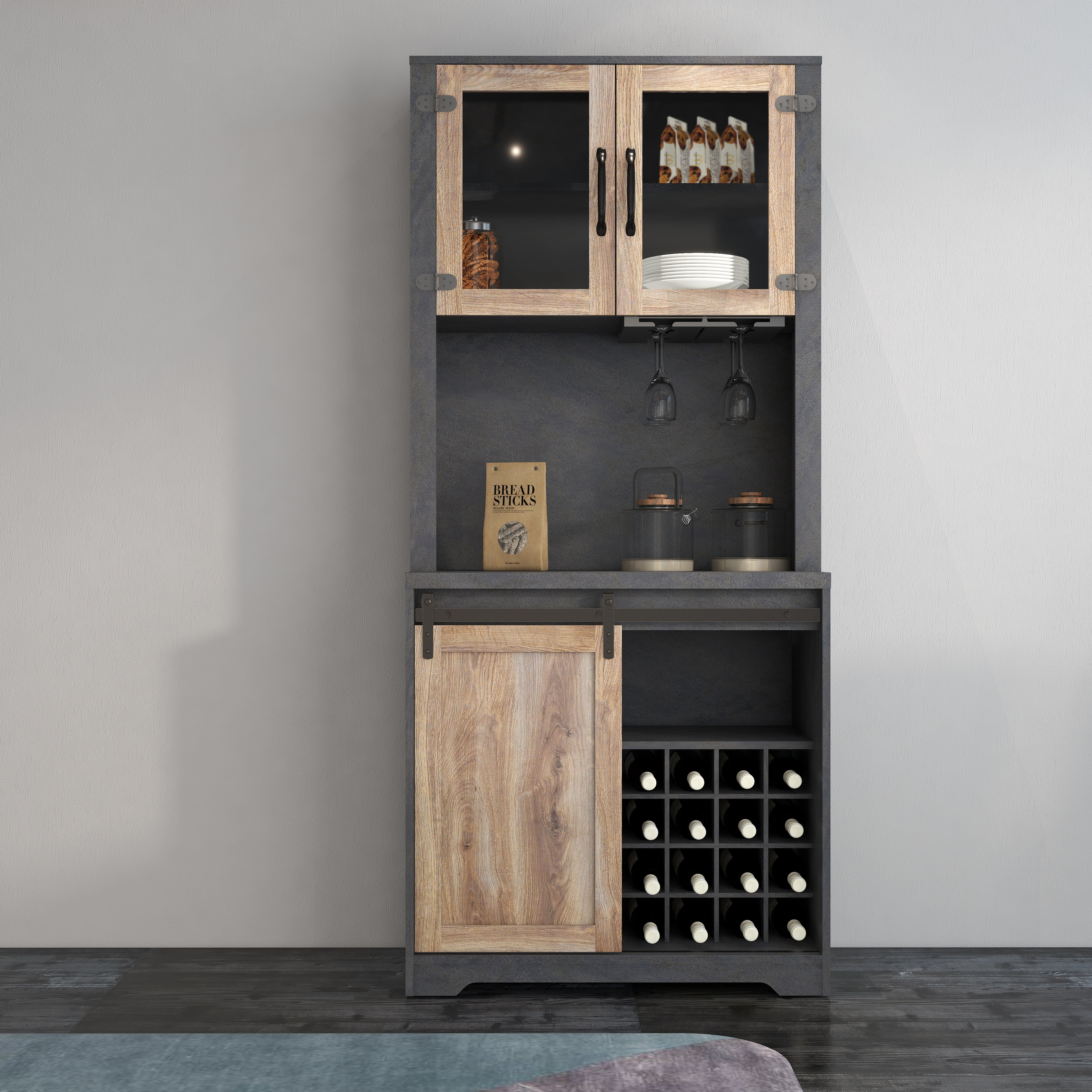 CoSoTower 31 Inch Farmhouse Barn Door Bar Cabinet For Living Room, Dining Room