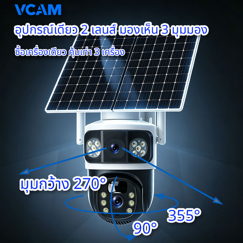 กล้องวงจรปิดโซล่าเซลล์ 3 เลนส์ ซิมการ์ด 4G รวมแผงโซล่าเซลล์ ไม่ต้องเสียค่าไฟฟ้า ความละเอียด 8 ล้านพิกเซล มองเห็นกลางคืนแ