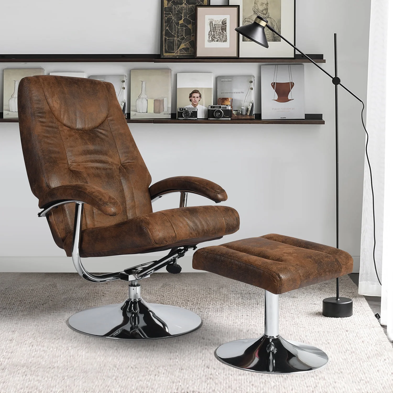Homy Casa Accent Chair with Ottoman, Vintage Fabric Armchair, Brown