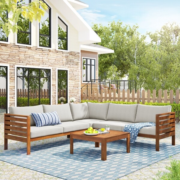 Acacia Wooden Outdoor Sectional Sofa Set,WaterResistant and Uv Protected Texture Sofa with Cushions and Table