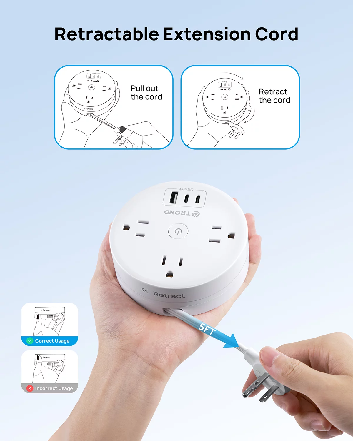 TROND Travel Power Strip with USB C Ports, 3 AC Outlets, 5ft Extension Cord, Retractable Cord, Ultra Flat Plug, Travel Cruise Essential